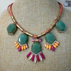 J. Crew Statement Necklace With Green Gemstones Pink & Orange Accents Multi-Stra
